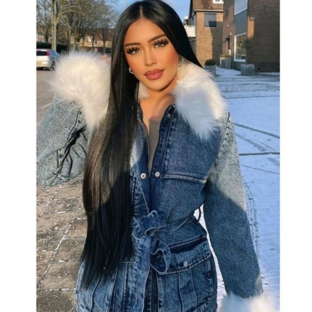 Long Sleeve Shearling Lined Faux Fur Collar and Cuff Denim Jeans Jacket - Picture 11 of 12